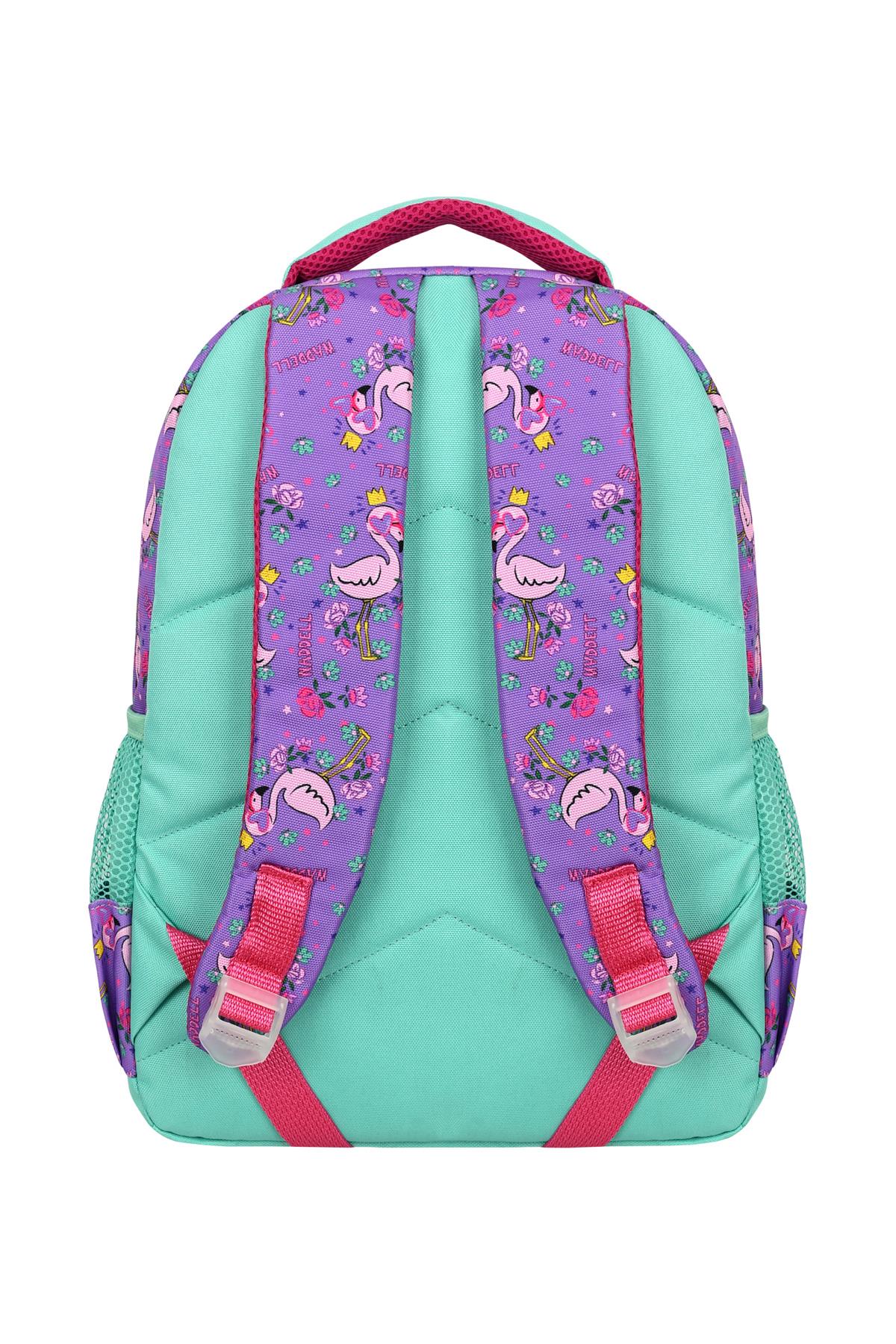 Kız Çocuk Mor Yeşil Flamingo Desenli Okul Çantası ve Beslenme Çantası Seti - Waddell Kids