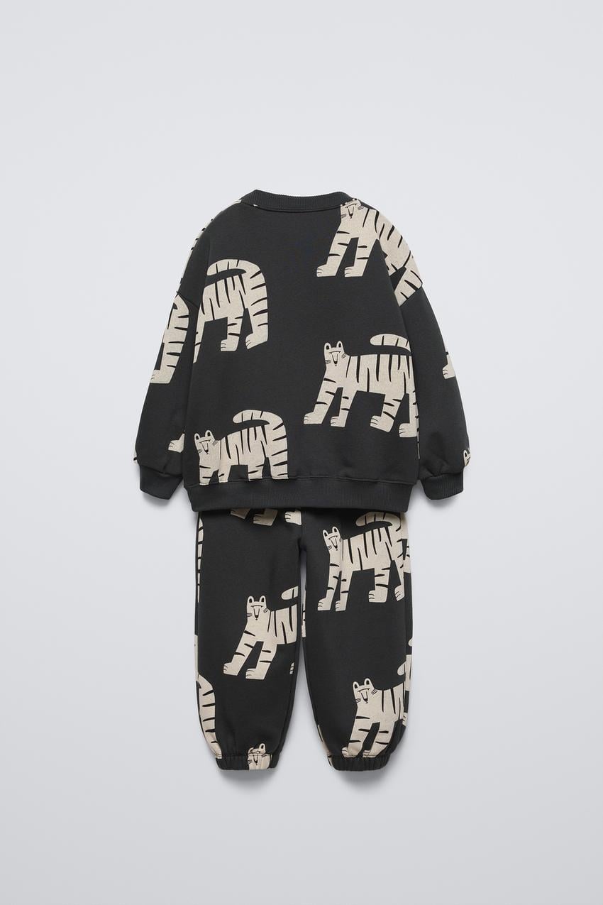 Erkek Çocuk Pamuklu Siyah Kaplan Desenli Sweatshirt Eşofman Takım Kışlık