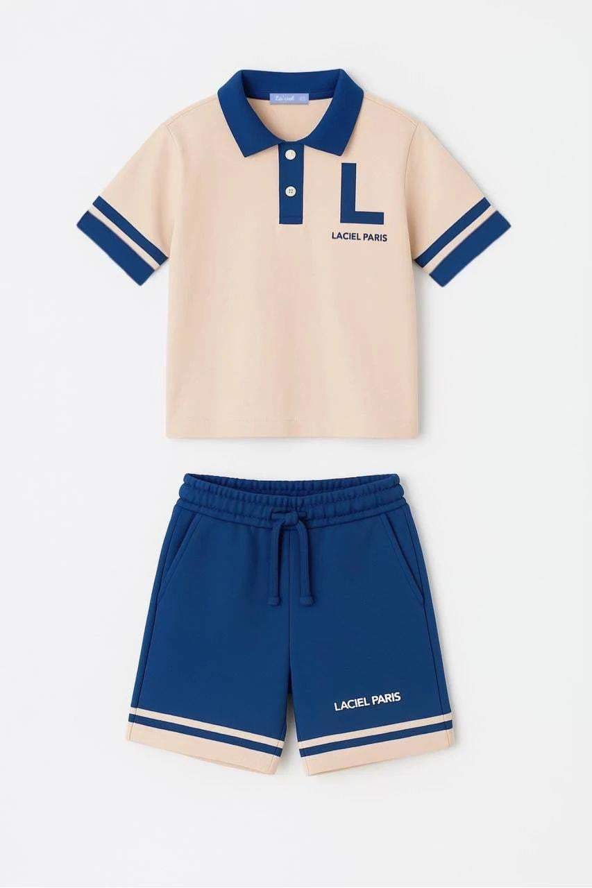 Erkek Çocuk Pamuklu Bej Lacivert Polo Yaka T-Shirt Şort Takım