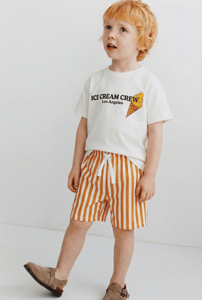 Unisex Çocuk Pamuklu Beyaz Dondurma Baskılı T-Shirt ve Çizgili Şort Takım - Yazlık