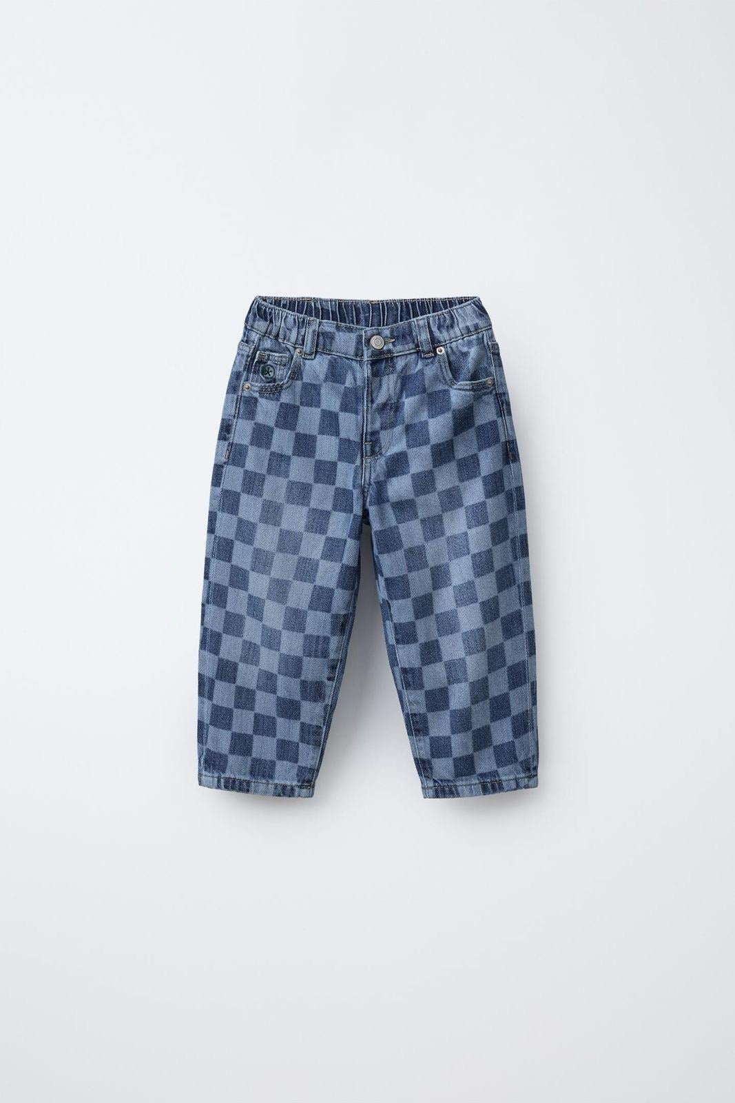 Erkek Çocuk Kare Desenli Mavi Denim Pantolon