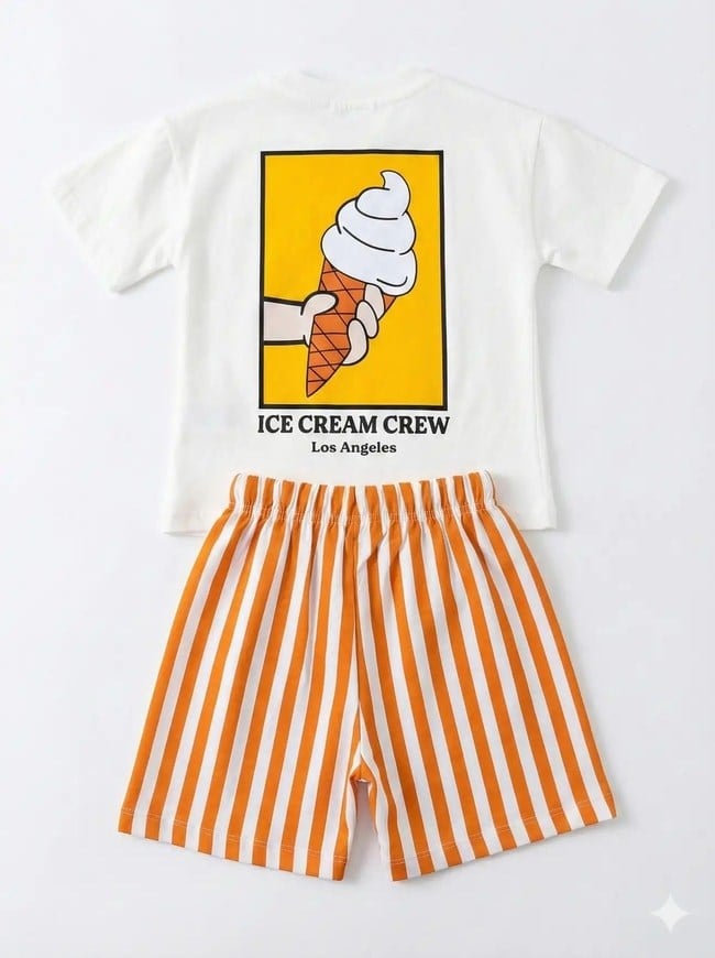 Unisex Çocuk Pamuklu Beyaz Dondurma Baskılı T-Shirt ve Çizgili Şort Takım - Yazlık