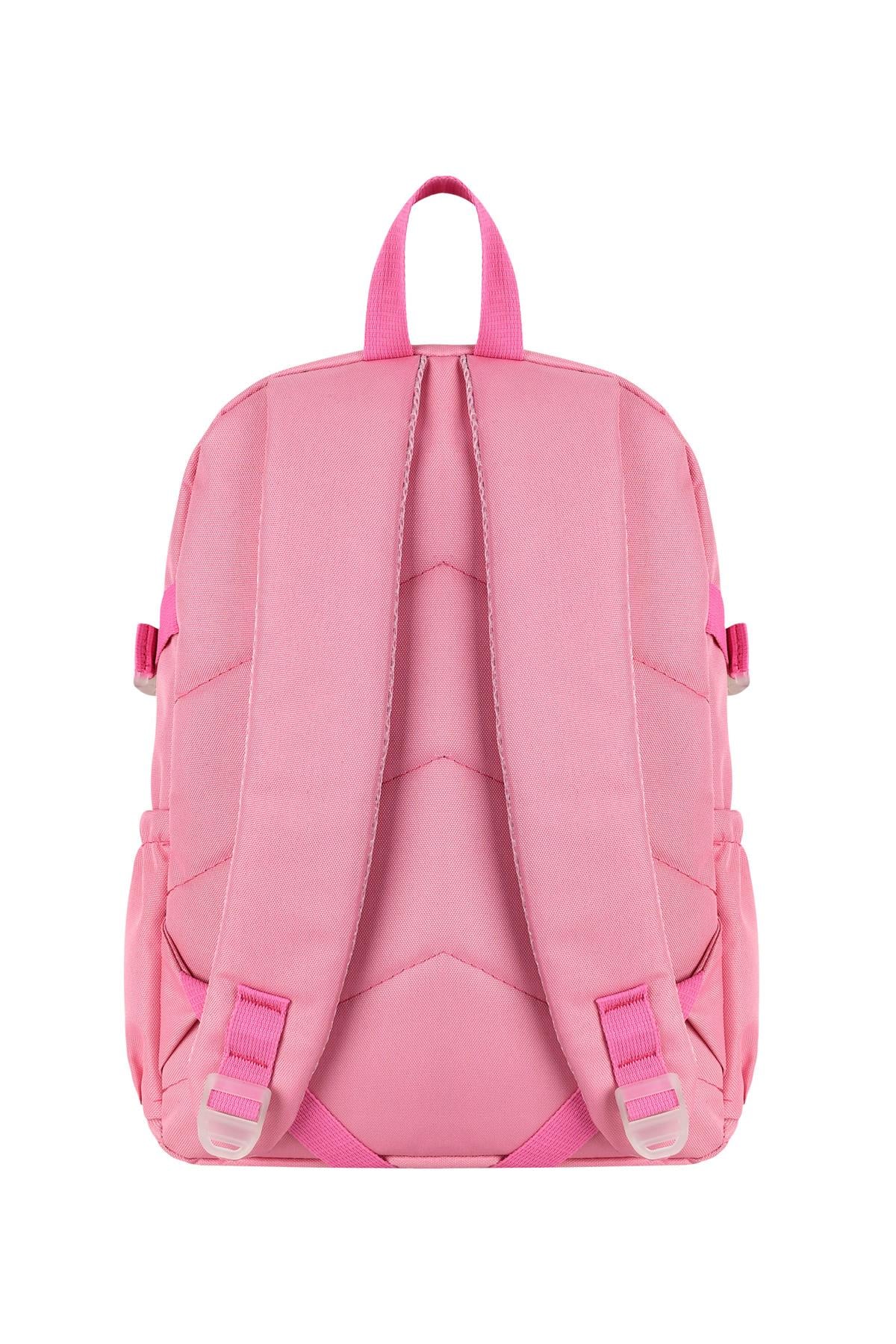 Kız Çocuk Pembe Unicorn ve Peluş Anahtarlıklı Okul Çantası - Şeffaf Cepli