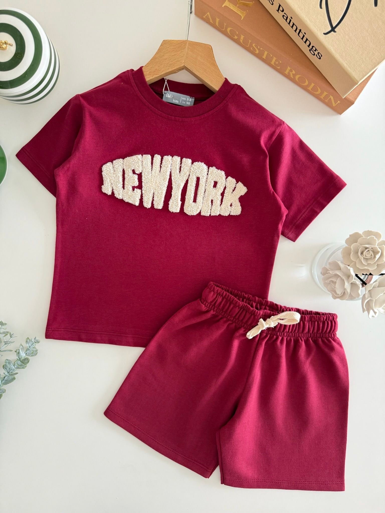 Çocuk Pamuklu Bordo New York Yazı Aplikeli T-shirt Şort Takım