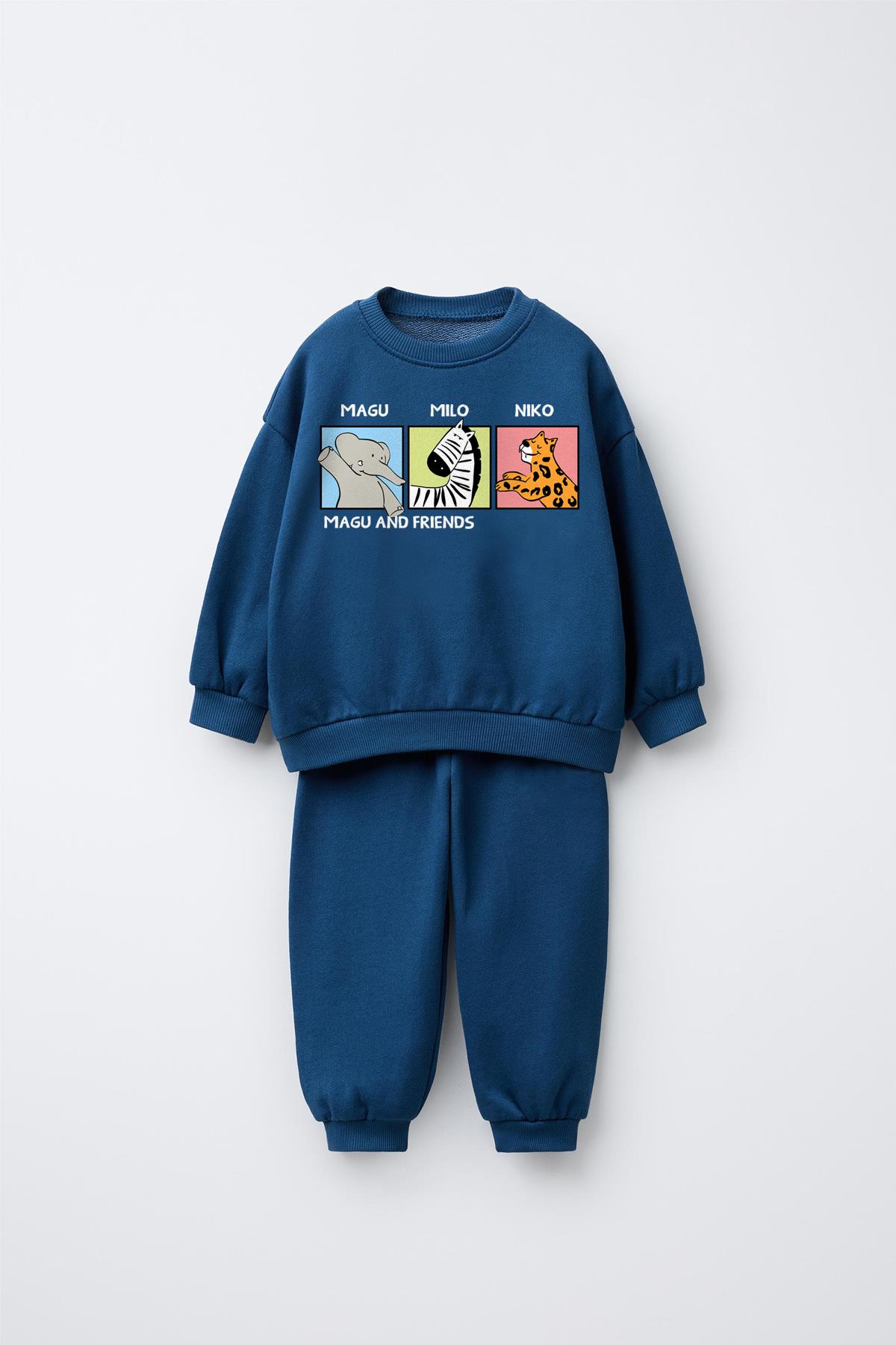 Erkek Çocuk Pamuklu Lacivert Magu and Friends Baskılı Sweatshirt Eşofman Takımı