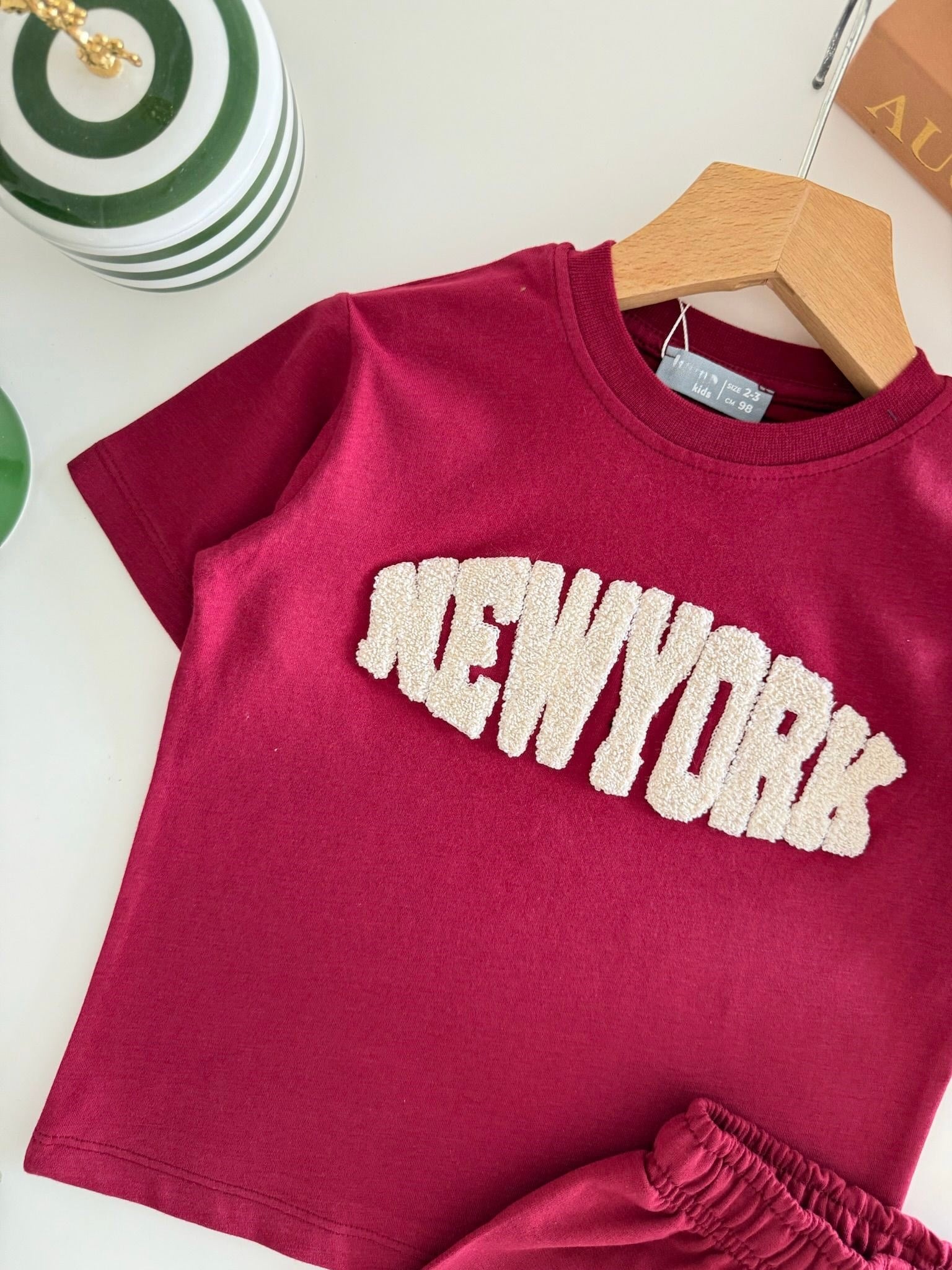 Çocuk Pamuklu Bordo New York Yazı Aplikeli T-shirt Şort Takım