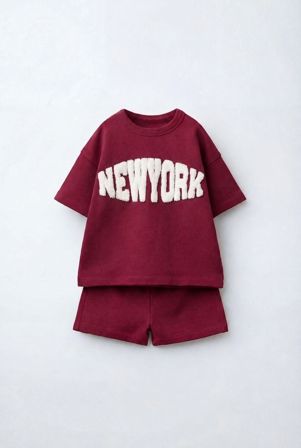 Çocuk Pamuklu Bordo New York Yazı Aplikeli T-shirt Şort Takım