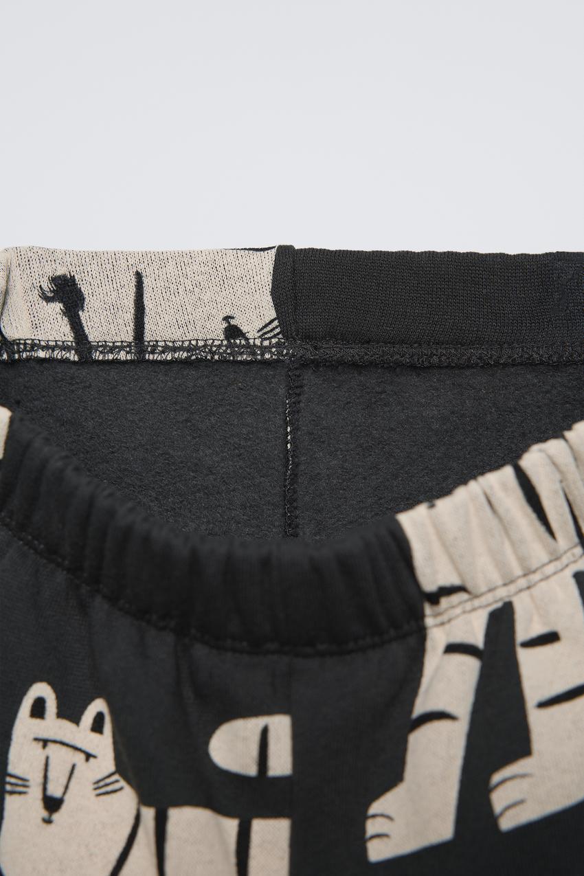 Erkek Çocuk Pamuklu Siyah Kaplan Desenli Sweatshirt Eşofman Takım Kışlık