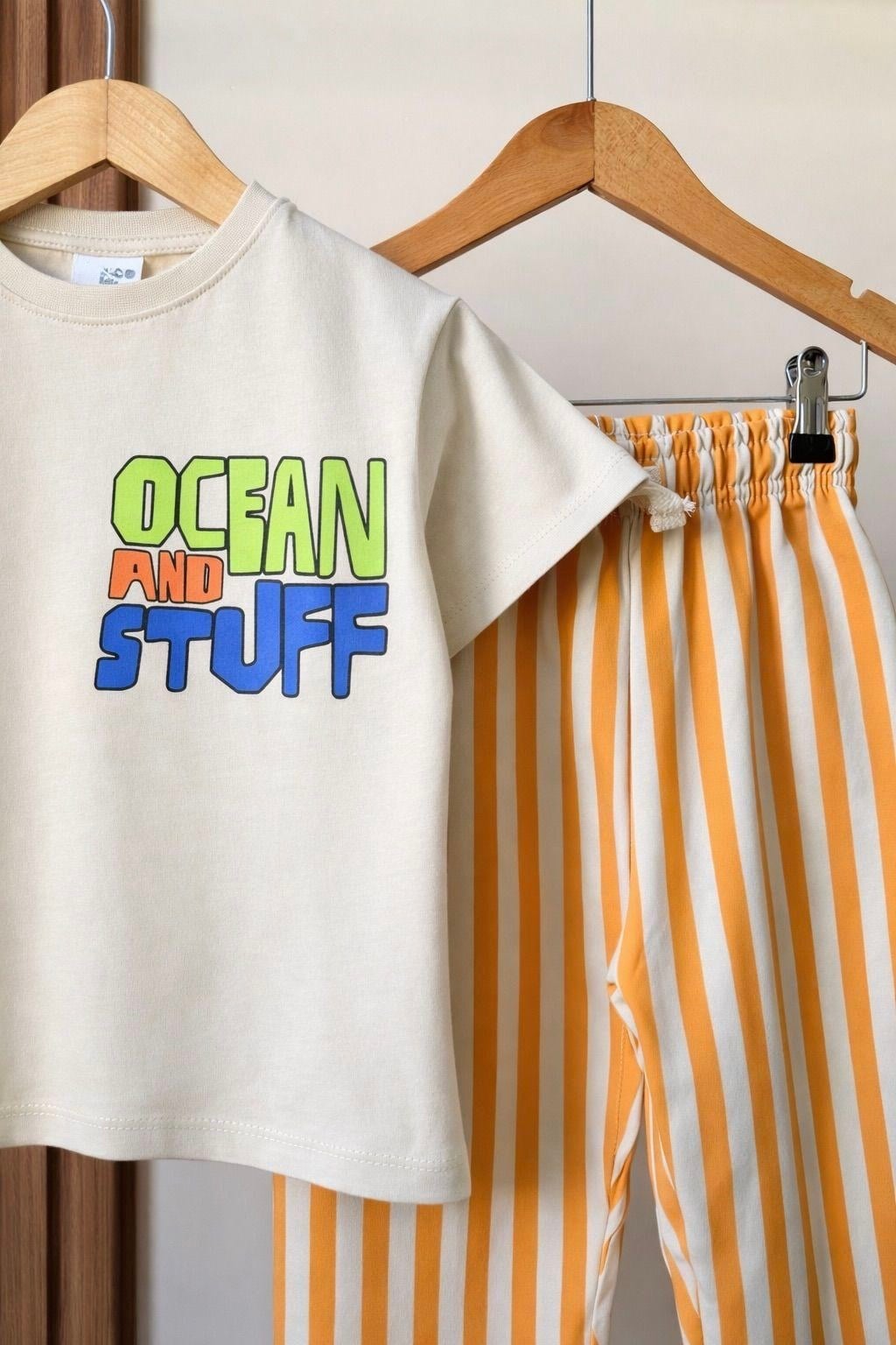 Erkek Çocuk Pamuklu Ocean Baskılı T-shirt Çizgili Eşofman Takım