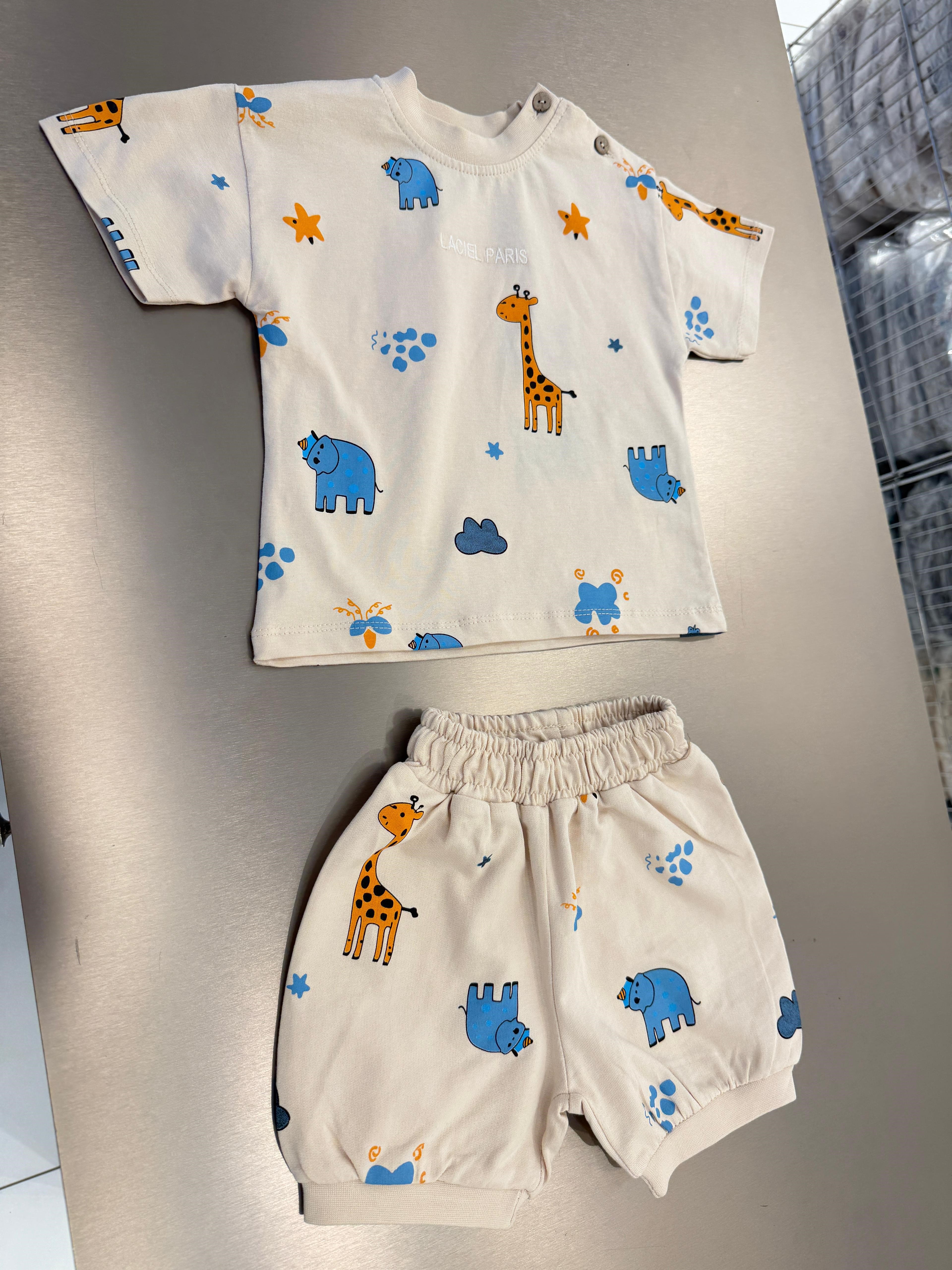 Unisex Çocuk Pamuklu Ekru Safari Hayvan Desenli Tişört Şort Takım