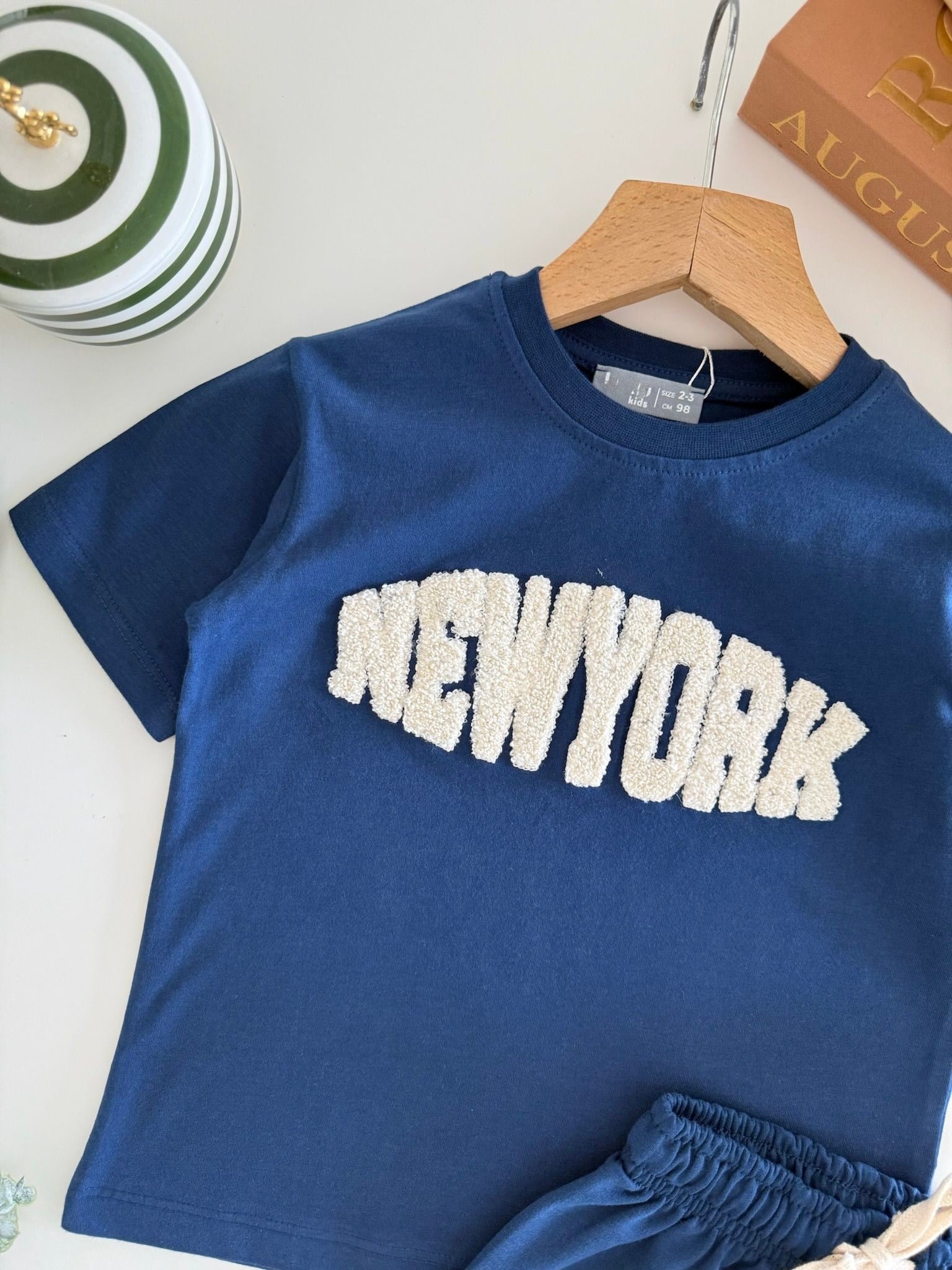 Erkek Çocuk Pamuklu Mavi New York Yazı Aplikeli T-shirt Şort Takım
