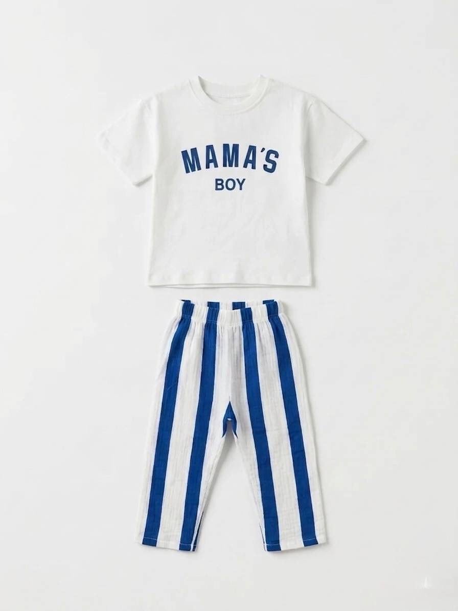 Erkek Çocuk Pamuklu Mamas Boy Baskılı T-shirt Çizgili Müslin Pantolon Takım