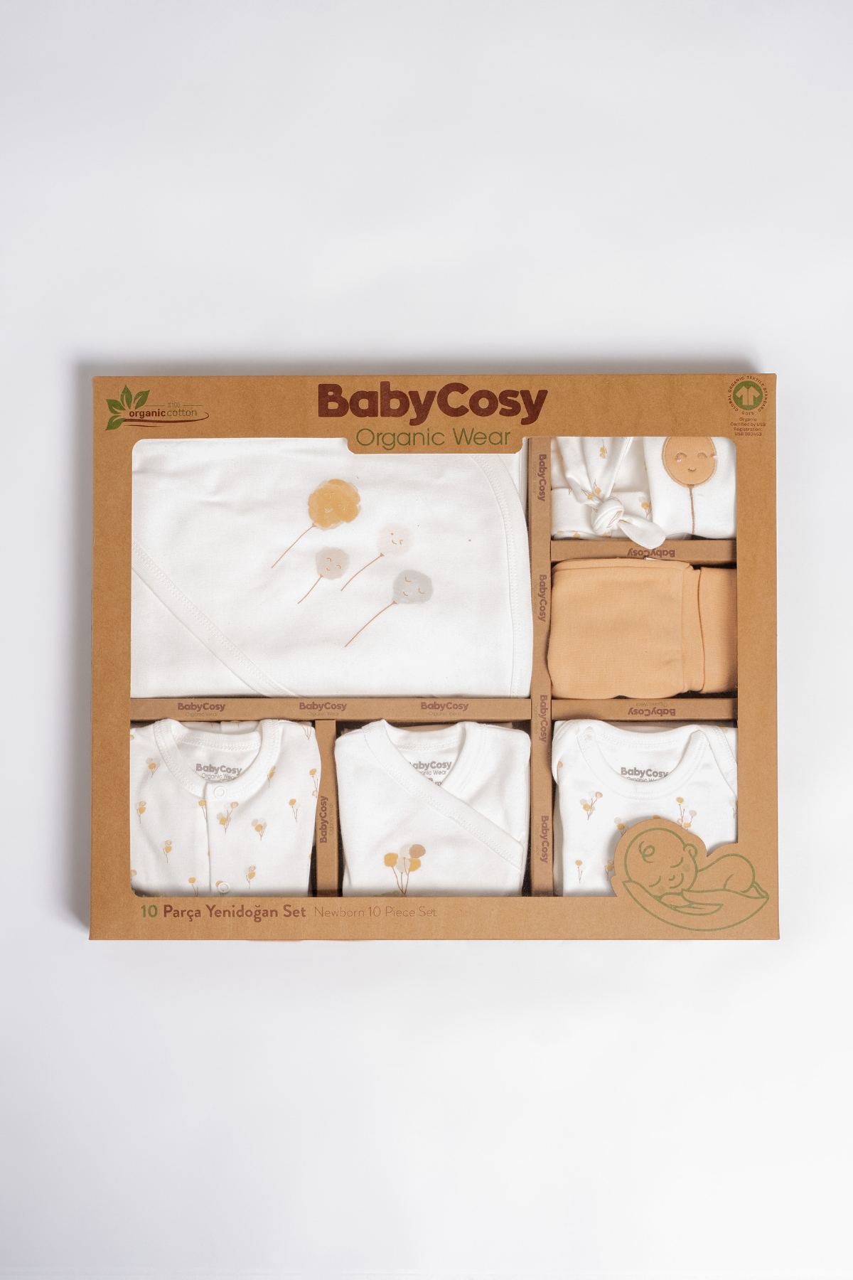 Unisex Bebek Pamuklu Ekru Hardal 10lu Hastane Çıkışı Seti - Ayıcık Baskılı Desenli