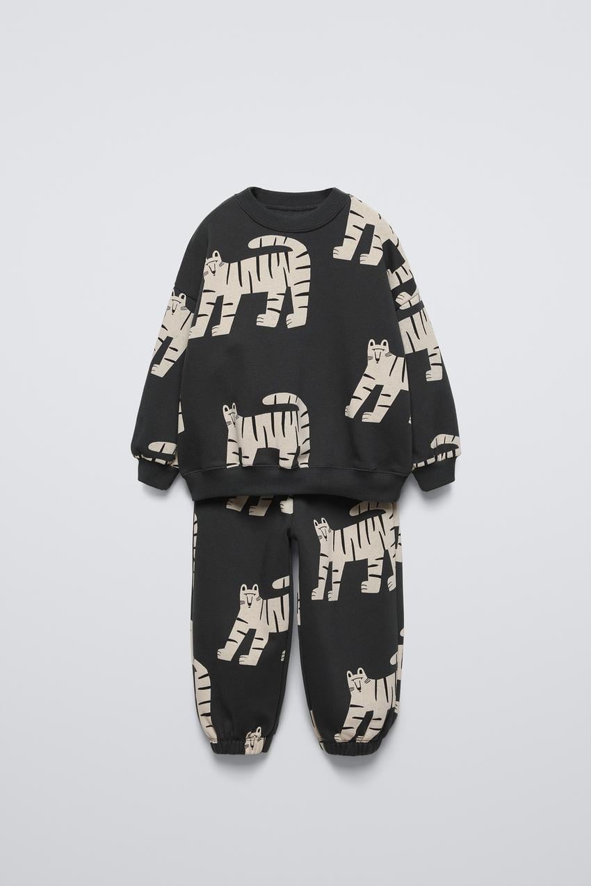 Erkek Çocuk Pamuklu Siyah Kaplan Desenli Sweatshirt Eşofman Takım Kışlık