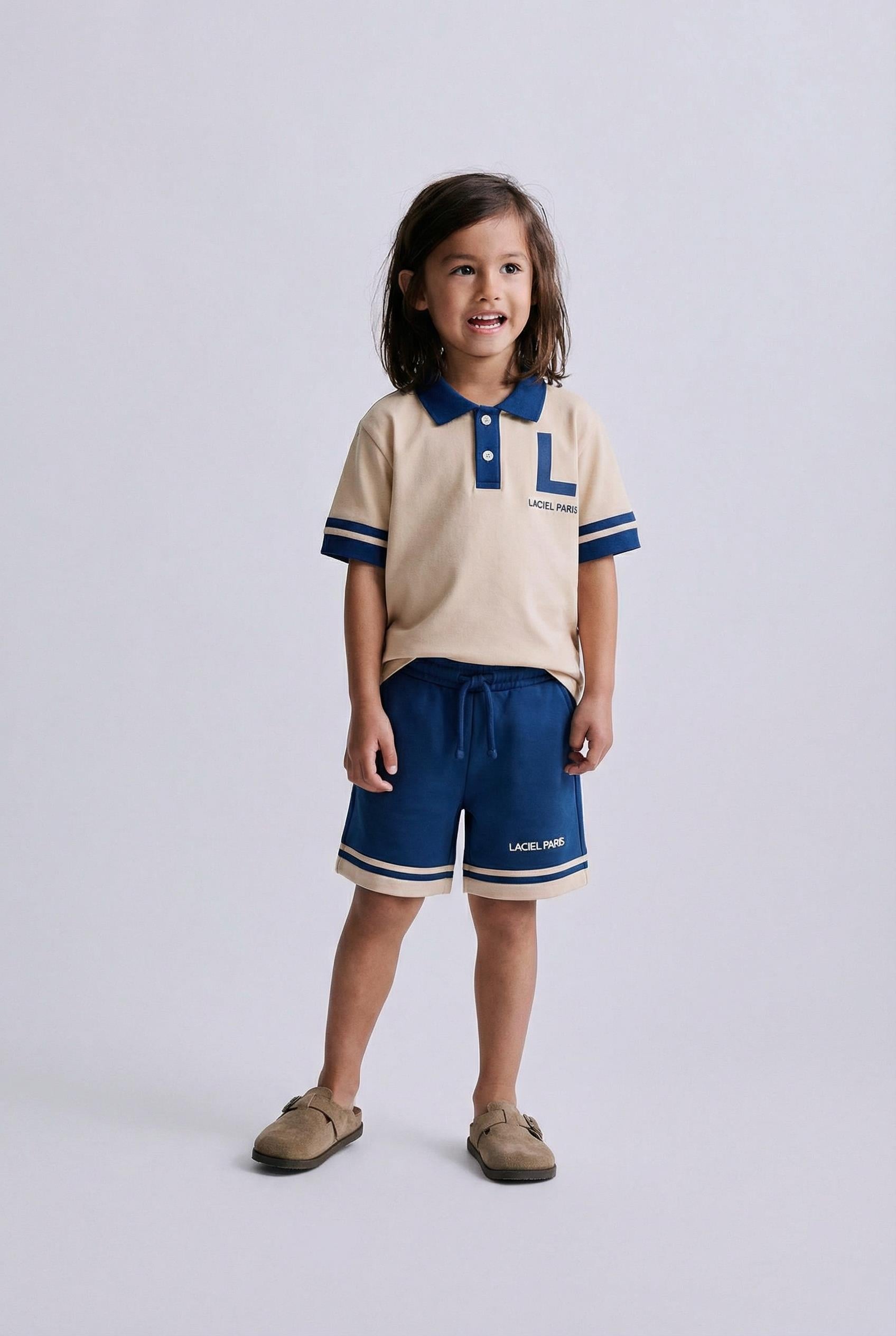 Erkek Çocuk Pamuklu Bej Lacivert Polo Yaka T-Shirt Şort Takım