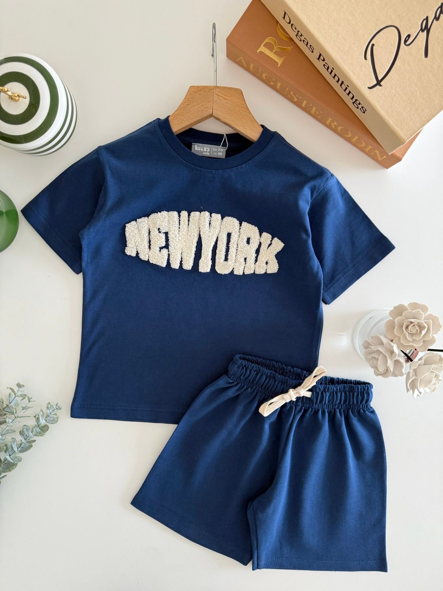 Erkek Çocuk Pamuklu Mavi New York Yazı Aplikeli T-shirt Şort Takım