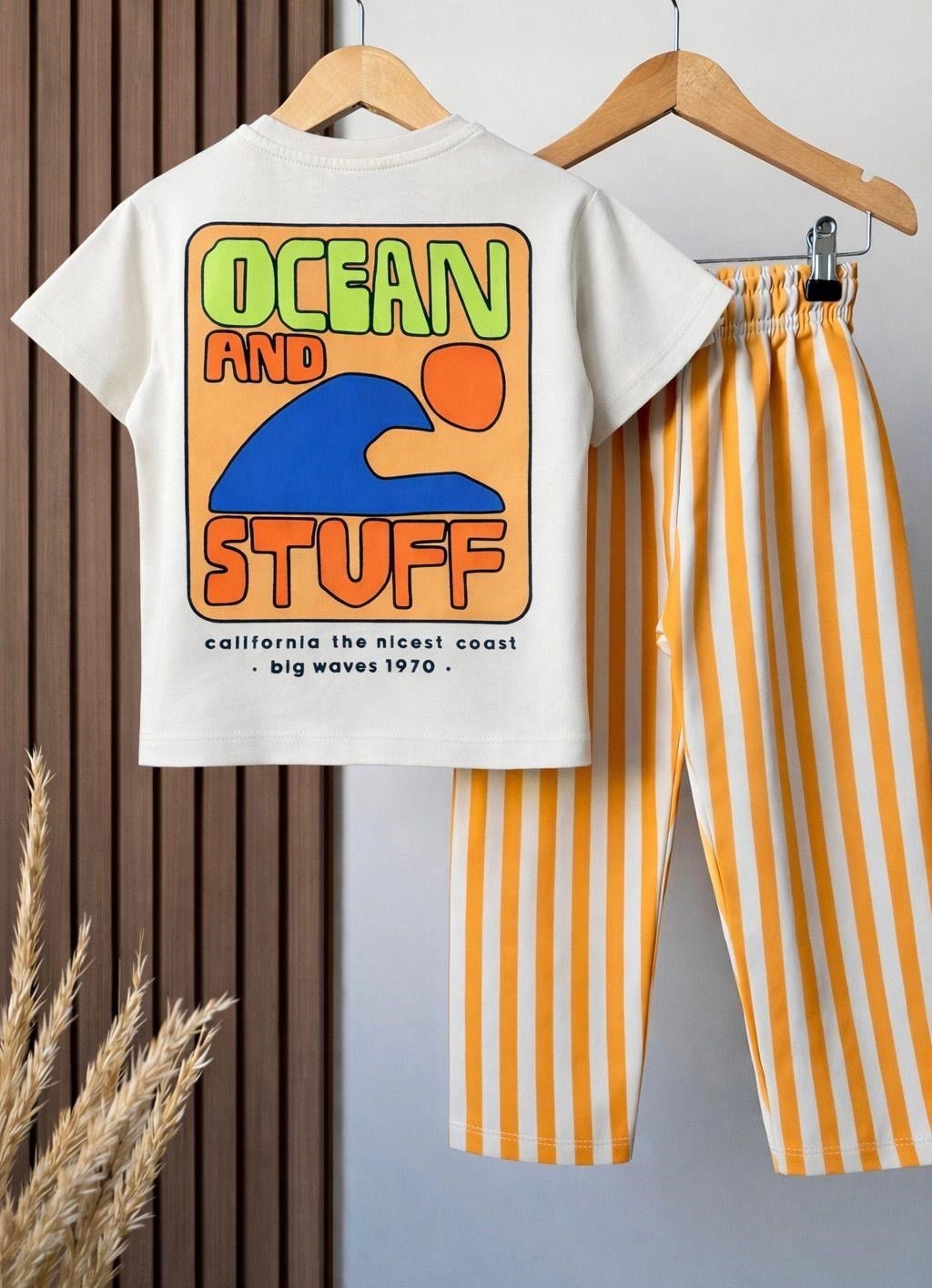 Erkek Çocuk Pamuklu Ocean Baskılı T-shirt Çizgili Eşofman Takım