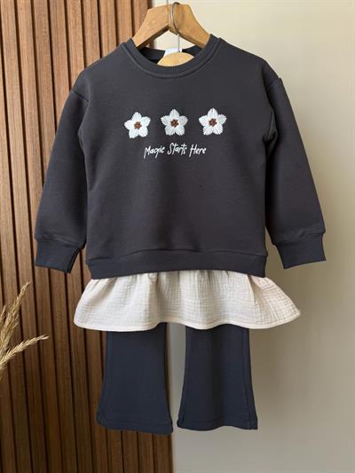 Kız Çocuk Pamuklu Antrasit Çiçek Nakışlı Sweatshirt ve Flare Tayt Takım - Katmanlı Fırfır Detaylı