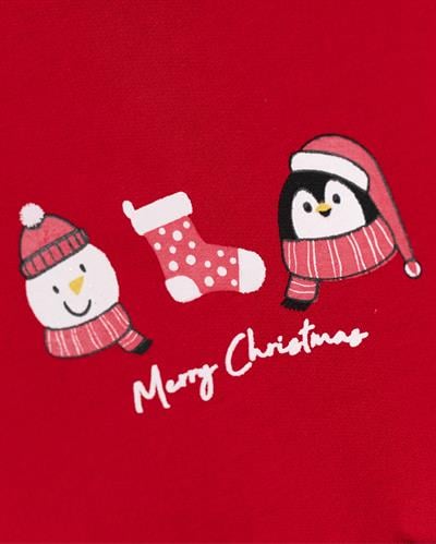 Kız Çocuk Pamuklu Kırmızı Penguen ve Kardan Adam Temalı Tül Etekli Noel Elbise