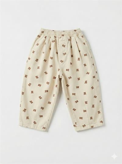Unisex Çocuk Pamuklu Bej Ayıcık Desenli Düğmeli Cepli Yelek Pantolon Takım