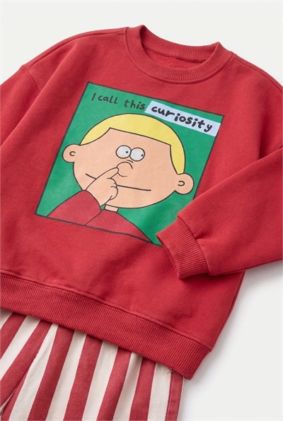 Çocuk Pamuklu Karakter Baskılı Kırmızı Sweatshirt ve Çizgili Eşofman Takımı
