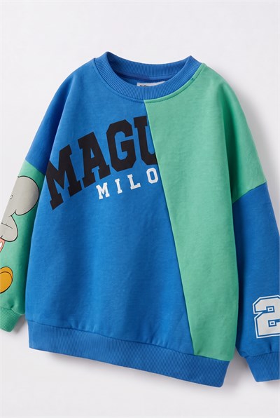 Çocuk Magu ve Milo Baskılı Mavi Yeşil Sweatshirt ve Eşofman Altı Takımı