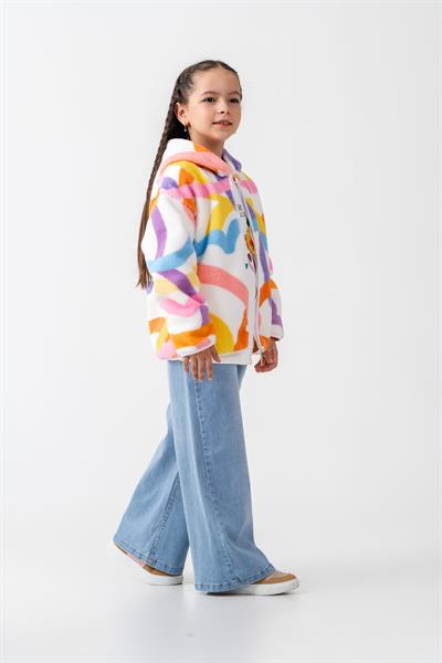 Kız Çocuk Pamuklu Renkli Desenli Kapüşonlu Fermuarlı Polar Mont - Konforlu Dış Giyim