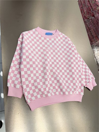 Kız Çocuk Pamuklu Pembe Dama Desenli Sweatshirt