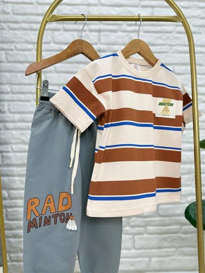 Erkek Çocuk Pamuklu Kahverengi Çizgili T-Shirt ve Eşofman Altı Takım - Rahat Günlük Kombin