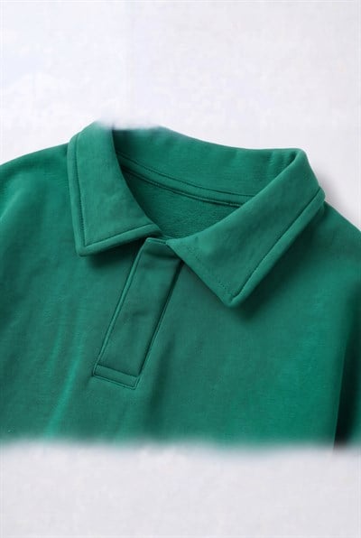 Çocuk Polo Yaka Yeşil Nakış Detaylı Sweatshirt