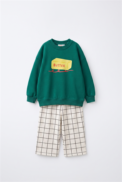 Çocuk Butter Baskılı Yeşil Sweatshirt ve Ekru Kareli Eşofman Takım