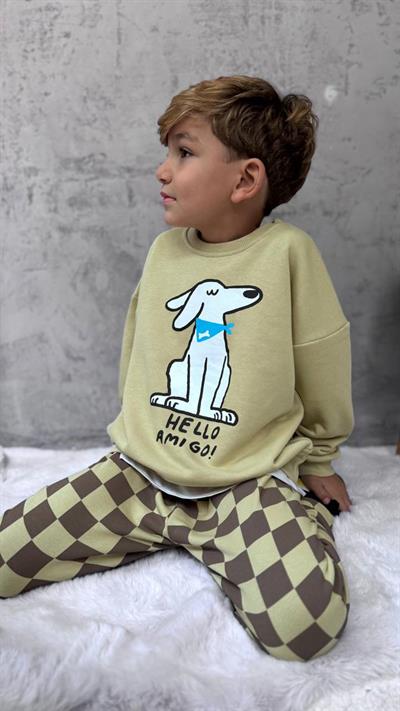 Erkek Çocuk Pamuklu Haki Köpek Baskılı Sweatshirt ve Kare Desenli Eşofman Takımı