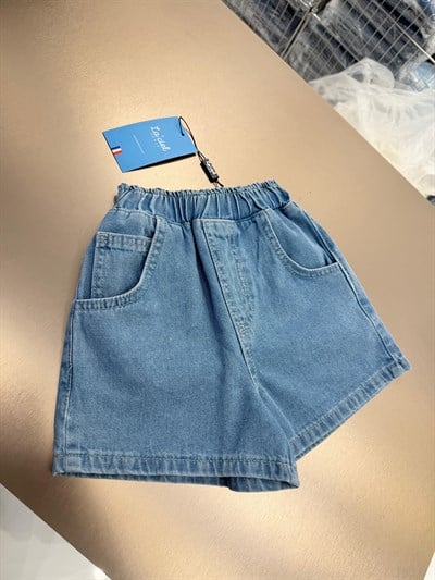 Unisex Çocuk Pamuklu Mavi Jean Şort - Elastik Belli Cepli