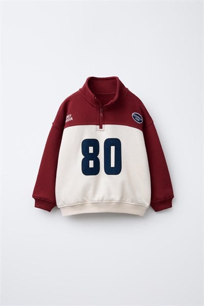 Çocuk Baskılı Bordo Ekru Fermuarlı Sweatshirt ve Eşofman Altı Takımı