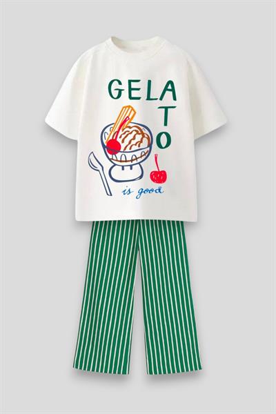 Unisex Çocuk Pamuklu Yeşil Çizgili Gelato Baskılı T-shirt Takım - Yazlık Rahat Form