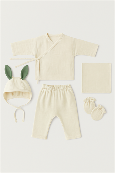 Unisex Bebek Pamuklu Ekru Tavşan Kulaklı 5 Parça Hastane Çıkışı Takımı