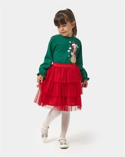 Kız Çocuk Pamuklu Yeşil Kırmızı Yeni Yıl Temalı Baskılı Etekli Takım - Sweatshirt Katlı Tül Etek