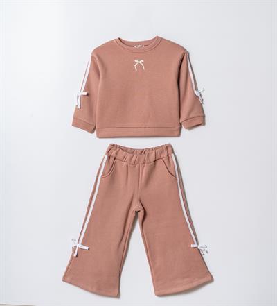 Kız Çocuk Pamuklu Kiremit Fiyonk Nakışlı Sweatshirt ve Şeritli Eşofman Takım