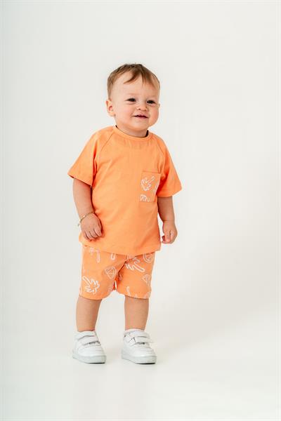 Erkek Çocuk Pamuklu Turuncu Tropik Desenli T-shirt ve Şort Takım