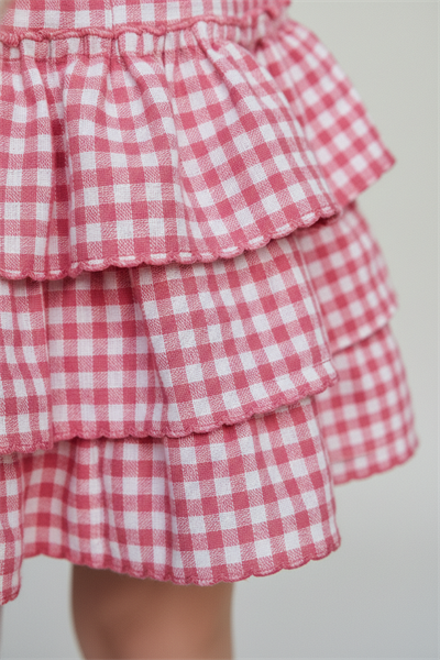 Kız Çocuk Pamuklu Ekru Kiraz Baskılı T-Shirt ve Pembe Pötikare Etek Takım