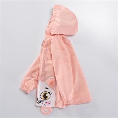 Kız Çocuk Pembe Puanlı Kapüşonlu Kedi Desenli Yağmurluk