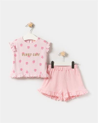 Kız Bebek Pamuklu Krem/Pembe Çilek Desenli Fırfırlı T-shirt ve Şort Takım –