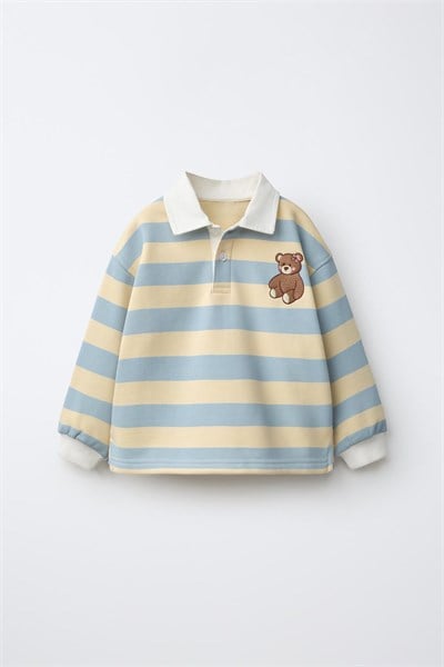 Çocuk Pamuklu Ayıcık Nakışlı Mavi Çizgili Polo Yaka Sweatshirt