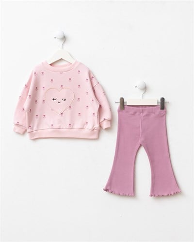 Kız Çocuk Kalp Detaylı Pembe Sweatshirt ve İspanyol Paça Tayt Takımı