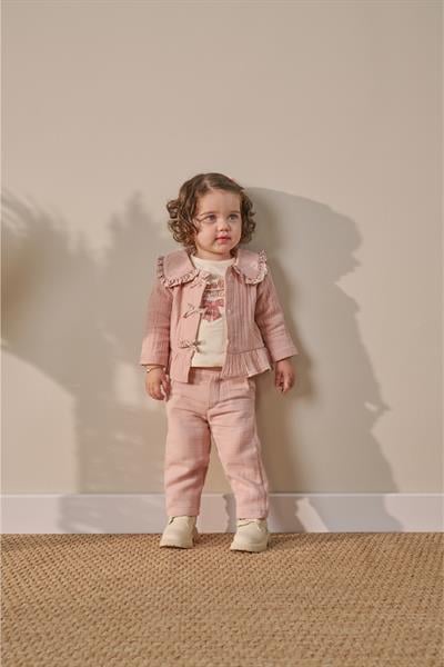 Kız Bebek Pamuklu Pudra Yakalı Müslin 3lü Takım - Ceket Tişört Pantolon