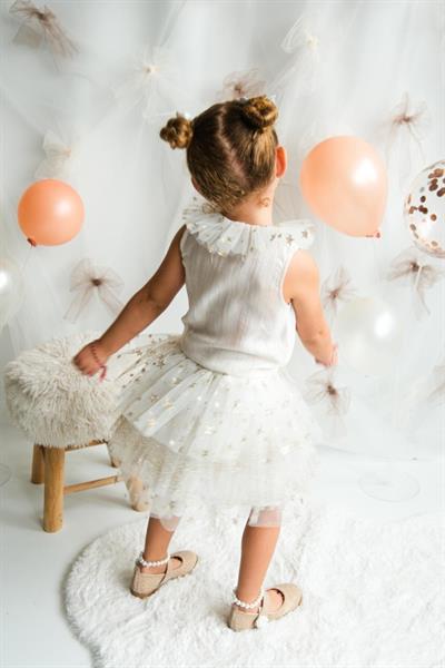 Kız Çocuk Pamuklu Ekru Fırfır Yaka Tül Yıldız Desenli Etekli Takım