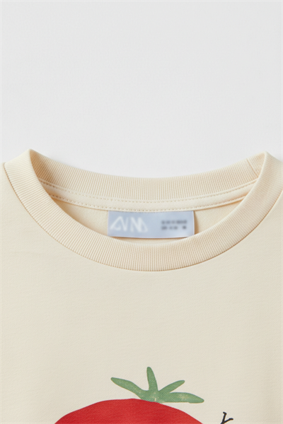 Unisex Çocuk Pamuklu Krem Domates Baskılı T-Shirt Pantolon Takım - Yazlık
