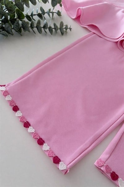 Kız Çocuk Pamuklu Pembe Kalp Detaylı Bluz Pantolon Takım