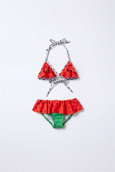 Kız Çocuk Pamuklu Karpuz Desenli Bikini Takımı