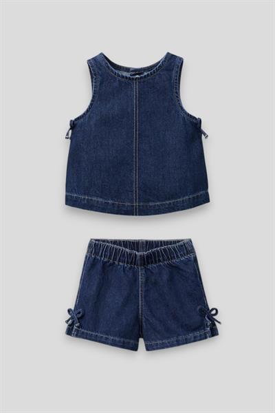 Kız Çocuk Pamuklu Koyu Mavi Fiyonklu Denim Şortlu Takım - Yazlık Askılı Model